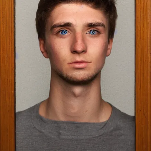 Prompt: portrait of a 2 1 year old german - irish man with long face, long brown hair, strong chin, grey eyes, clean shaven