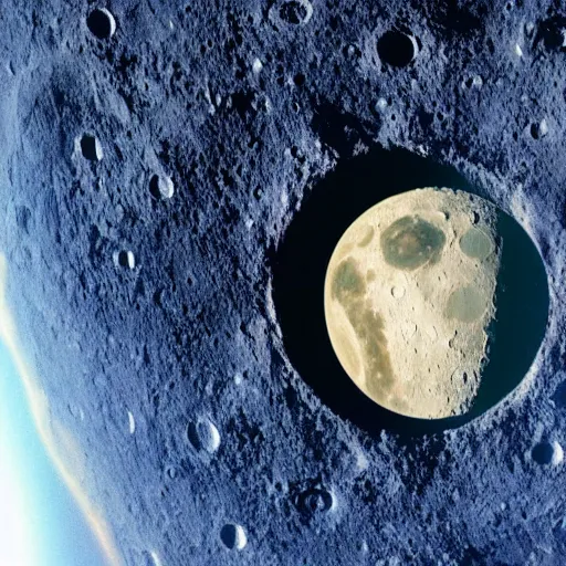 Prompt: photo from space of a giant humans face coming out of moon, detailed, NASA