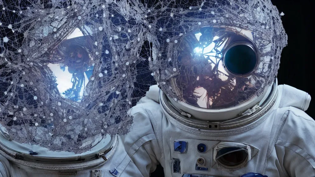 Image similar to a astronaut eva suit covered in diamond 3d fractal lace iridescent bubble 3d skin and covered with insectoid compound eye camera lenses floats through the living room, film still from the movie directed by Denis Villeneuve with art direction by Salvador Dalí, wide lens,