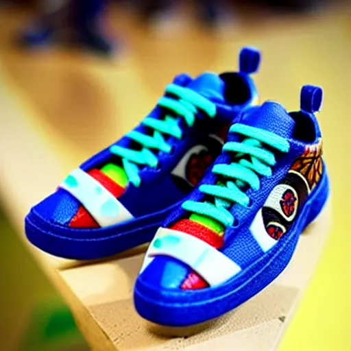 Image similar to realistic scultpure of plastic toy sneaker! design, sneaker design overwatch botw fantasy style mixed with aztec mayan native street fashion, focus on sneakers only, shoes designed by akira toriyama and studio ghibli