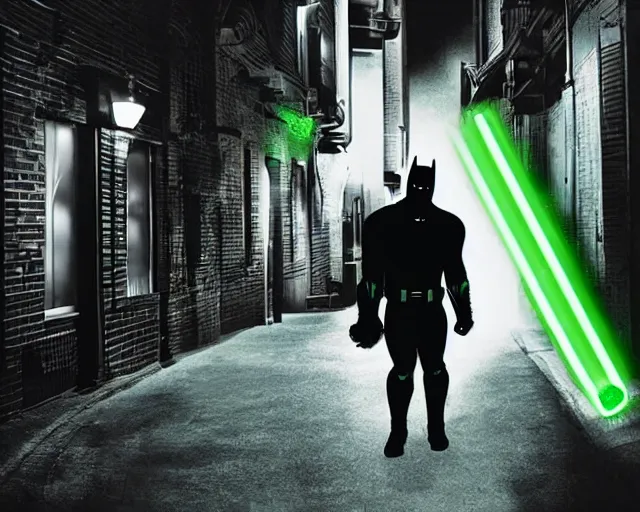 Image similar to a photograph of Batman holding a green lightsaber in a dark city alleyway at nighttime