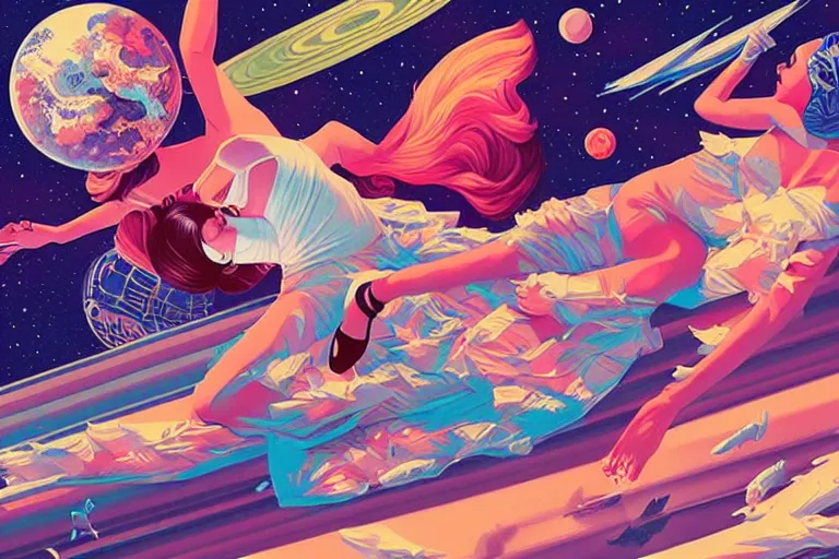 Image similar to supermodel pillow fight in space, tristan eaton, victo ngai, artgerm, rhads, ross draws