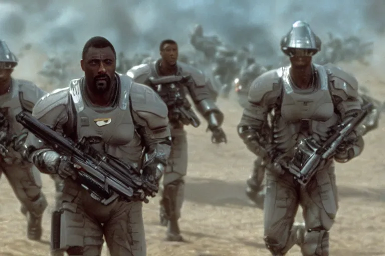 Image similar to Idris Elba in Starship Troopers (1997), highly detailed, high quality, HD, 4k, 8k, Canon 300mm, professional photographer, 40mp, lifelike, top-rated, award winning, realistic, sharp, no blur, edited, corrected, trending