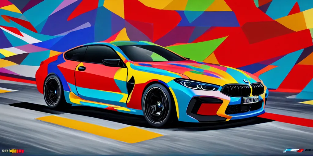 Image similar to bmw m 8 pop art painting, rtx, raytracing, 8 k, highly detailed, soft colors,