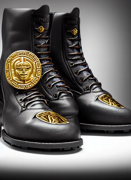 Image similar to hyperrealistic and heavy detailed product photo versace boot of judge dredd, in front of white back drop, whole shoe is in picture, leica sl 2 5 0 mm, vivid color, high quality, high textured, real life