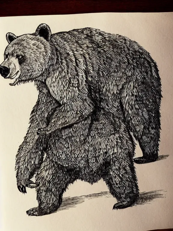 Prompt: ink illustration of a bear, monster manual style, dungeons and dragons guidebook, tan parchment paper