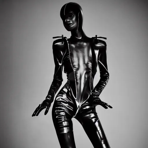 Image similar to fashion photography of an extraterrestrial deformed model, wearing demobaza fashion, inside berghain, berlin fashion, harness, futuristic fashion, dark minimal outfit, photo 3 5 mm leica, hyperdetail, berghain, 8 k, very detailed, photo by nick knight