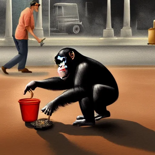 Image similar to a chimpanzee picking up pennies in a street while a steamroller is headed towards him, dramatic lighting, highly detailed digital painting