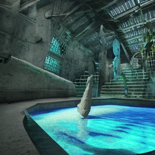 Prompt: a hyperrealistic 3 d render of a broken statue in a surreal underground swimming pool surrounded by palm trees water slides and neon lights, vaporwave, unreal engine, octane render, dramatic lighting, volumetric lighting, neon lighting, ultra detailed, photorealistic