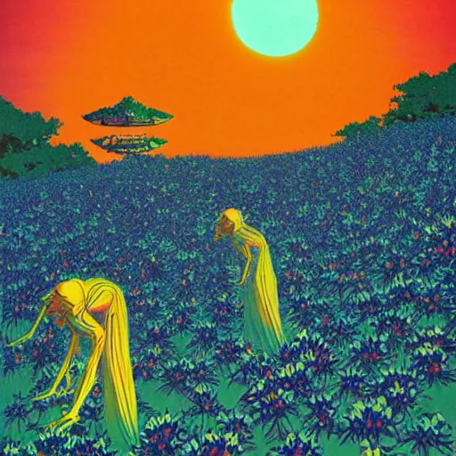 Image similar to a beautiful painting of a large alien shrine shrouded by mystic nebula magic in a field of flowers by hiroshi nagai and vincent di fate