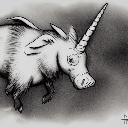 Image similar to flying pig with unicorn horn, derek hess style, black and white, 35mm, 8k