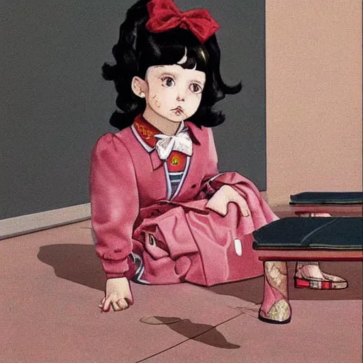 Image similar to little girl wearing an gucci's outfit. art by hirohiko araki, inspired by balthus, highly detailed, realistic,