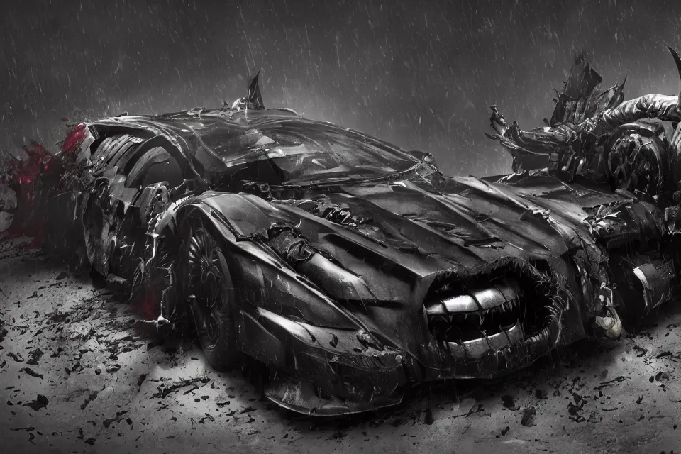 Image similar to The Batman Who Laughs and His Psycho Batmobile, hyperrealistic, octane render, HDR, Yaushi Nirasawa Style