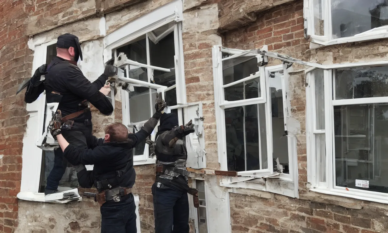 Image similar to photo of overweight mandalorian dismantling sash window in England