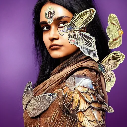 a brown south asian woman wearing a butterfly armor. | Stable Diffusion