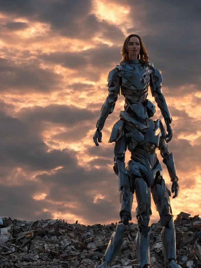 Image similar to emily blunt in futuristic power armor, solitary figure standing atop a pile of rubble, sunset and big clouds behind her