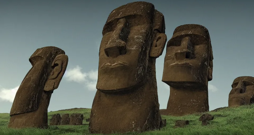 Prompt: Ancient easter island ruins, moai heads, center composition, cinematic, rendered by simon stålenhag, rendered by Beeple, Makoto Shinkai, syd meade, environment concept, digital art, starwars, unreal engine, 3 point perspective, WLOP, trending on artstation, low level, 4K UHD image, octane render,