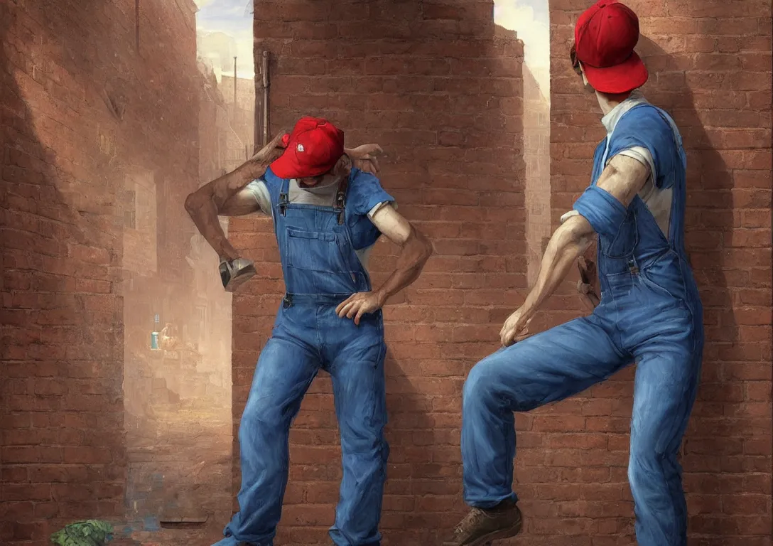 Prompt: italian man in blue overalls and red shirt with a red baseball cap and a big brown mustache with his back against a brick wall, dark mood, horror, silent hill, highly detailed, digital painting, artstation, illustration, art by artgerm and greg rutkowski and alphonse mucha and krenz cushart