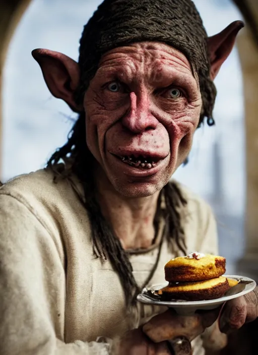 Image similar to closeup profile face portrait of a medieval goblin eating cakes in the cloisters, depth of field, zeiss lens, detailed, symmetrical, centered, fashion photoshoot, by annie leibovitz and steve mccurry, david lazar, jimmy nelsson, breathtaking, 8 k resolution, extremely detailed, beautiful, establishing shot, artistic, hyperrealistic, beautiful face, octane render