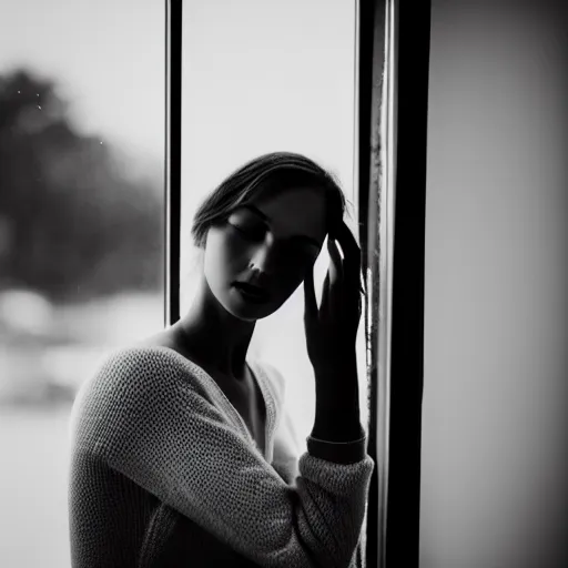 Image similar to black and white fashion photography of a beautiful depressed Woman with detailed face standing by the window, natural light, soft noise, sigma 85mm f/1.4 1/10 sec shutter