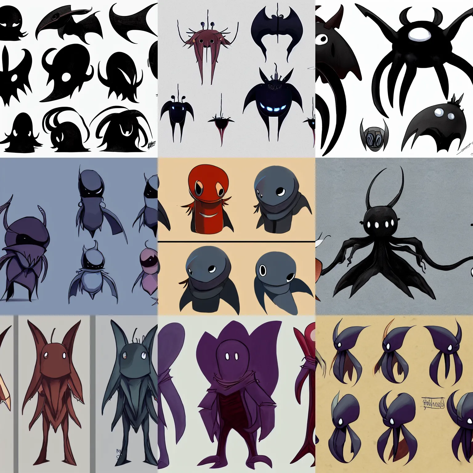 Prompt: bipedal vampire squid character designs of various shapes and sizes for fanart of the game hollow knight