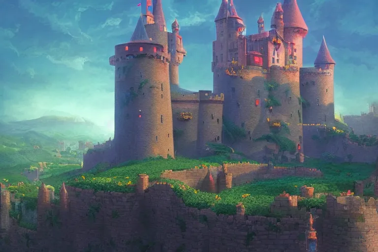 Image similar to Peach\'s castle from Super Mario 64. Very beautiful matte painting by Greg Rutkowski