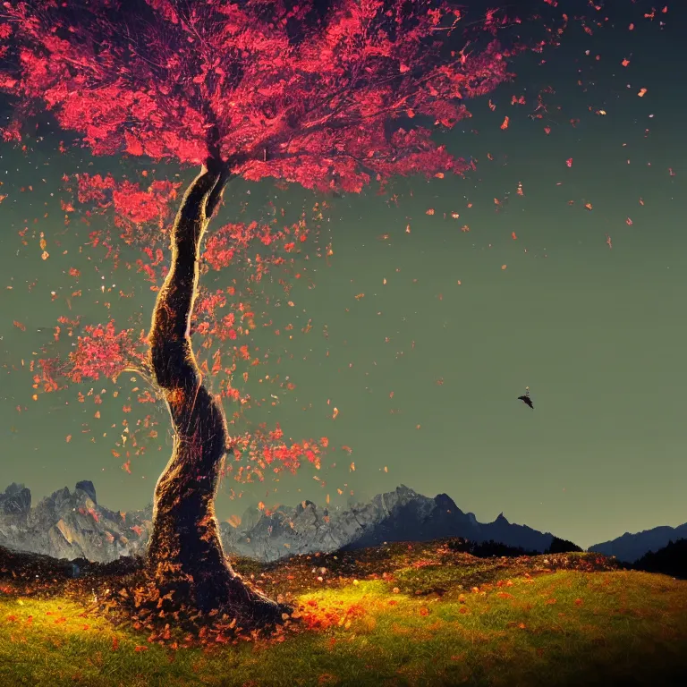 Prompt: a beautiful awesome artistic tree in the night with falling flowers like leaves and many birds, all in the amazing outdoors view, mountain in the background, lake, long exposure, 8 k resolution, trending on artstation