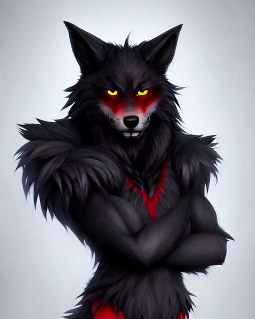 Image similar to character concept art of a black anthropomorphic furry male wolf long red hair | | cute - fine - face, pretty face, key visual, realistic shaded perfect face, fine details by stanley artgerm lau, wlop, rossdraws, james jean, andrei riabovitchev, marc simonetti, and sakimichan, trending on artstation