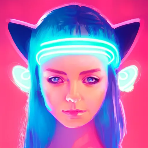 Image similar to portrait of a cute young woman with robot ears and eyes, 4k, sharp focus, neon colored fluorescent lighting, Andreas Rocha