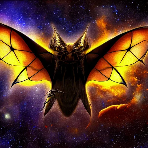 Image similar to huge demonic moth bat hyrbrid, flying into the midnight sun, in the shade of the cosmic nebula sun in the backdrop, photo pic by wispy in horrors