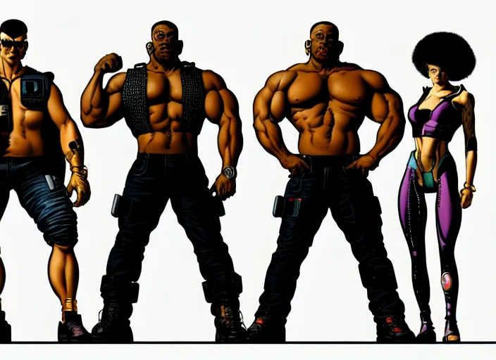 Prompt: cyberpunk bodybuilder gang. portrait by stonehouse and mœbius and will eisner and gil elvgren and pixar. character design. realistic proportions. cyberpunk 2 0 7 7 character art, blade runner 2 0 4 9 concept art. cel shading. attractive face. thick lines. the team. diverse characters. artstationhq.