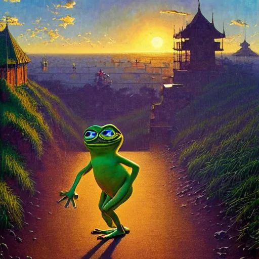 Prompt: pepe the frog walking in summer dawn, funny sunny atmosphere, positive vibe, norman rockwell, bao phan, bruce pennington, larry elmore, oil on canvas, deep depth field, masterpiece, cinematic composition, hyper - detailed, hd, hdr