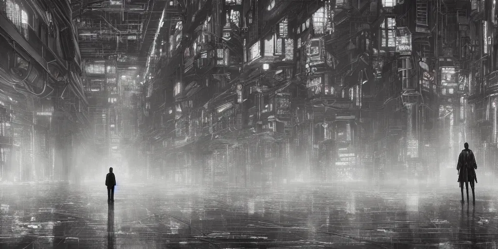 Prompt: lonely stranger inside a hall of monumental cyberpunk industrial factory megacomplex; by tsutomi nihei; hyperrealistic, 4K wallpaper, highly detailed-H 768