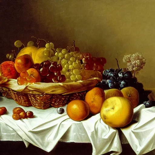 Image similar to a painting of a basket of fruit on a table, a still life by jan davidsz. de heem, deviantart, rococo, dutch golden age, rococo, oil on canvas