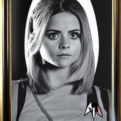 Image similar to a beautiful full body photograph of younger jenna louise coleman as a star fleet officer from star trek next generation, full dress uniform, symmetrical face, extreme realism and detail, 8 k, completely framed, direct lighting, 3 5 mm photo, photorealistic, sharp focus