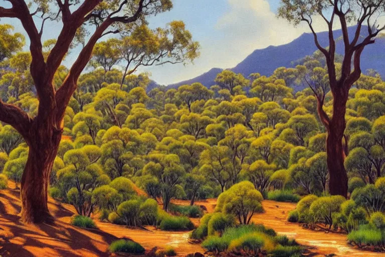 Image similar to masterpiece painting of oak trees on a hillside overlooking a creek, dramatic lighting, by albert namatjira