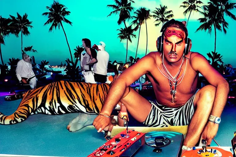 Image similar to tiger dj in a beach club. by david lachapelle