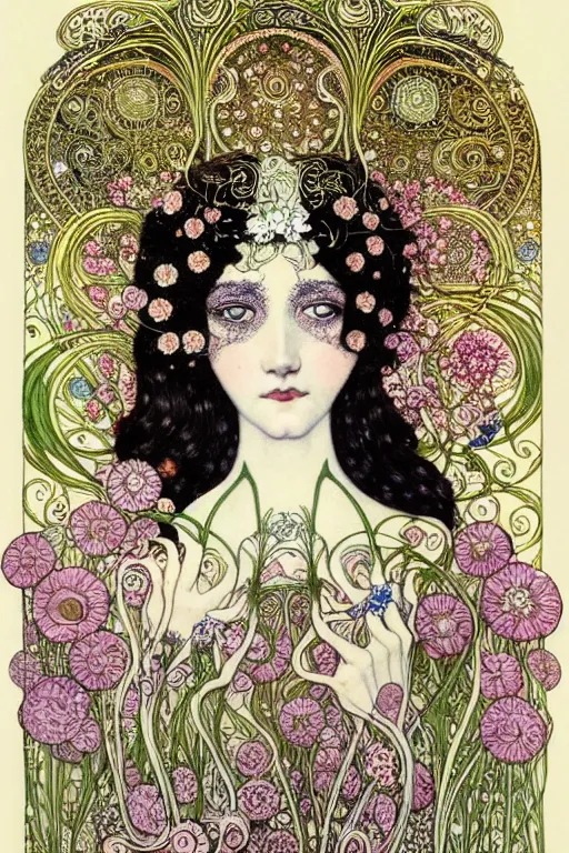 Image similar to centered beautiful detailed front view portrait of a woman with ornate flowers growing around, ornamentation, flowers, elegant, dark and gothic, full frame, art by kay nielsen and walter crane and gustave klimt, illustration style, watercolor