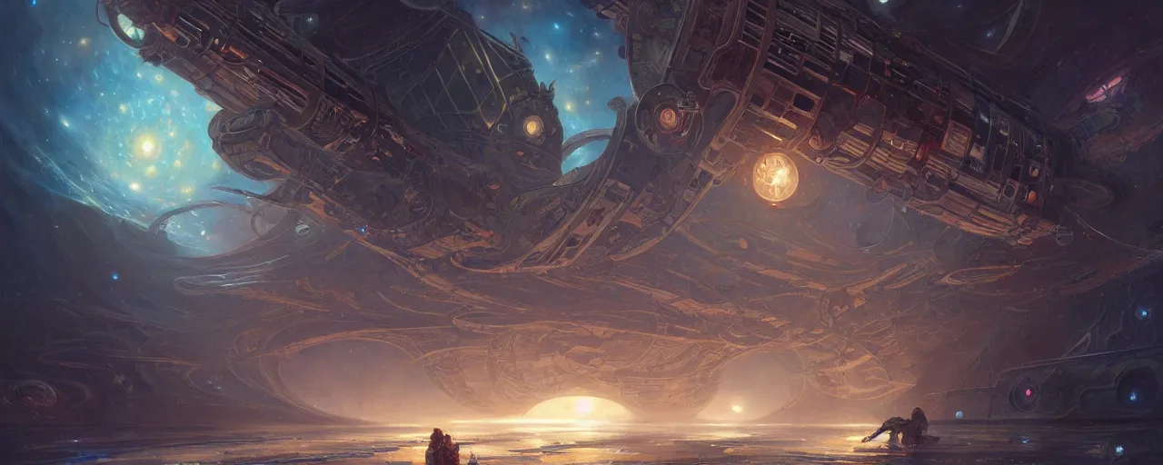 Image similar to A outside view of abandoned space station in the deep space, fantasy, intricate, elegant, highly detailed, digital painting, artstation, concept art, smooth, sharp focus, illustration, art by artgerm and greg rutkowski and alphonse mucha