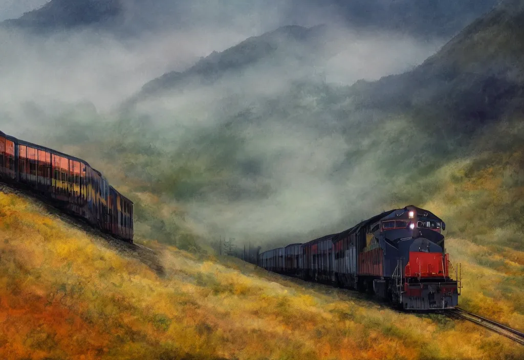 Image similar to a digital painting of a train in the mountains and there is fog in the distance aproaching