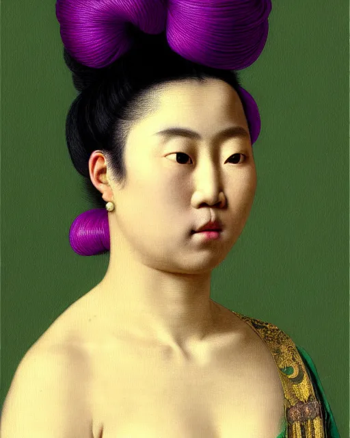 Image similar to photo-realistic portrait of an asian woman with purple hair buns, wearing a neon green dress by Vivienne Westwood, intricate details, masterpiece, in the style of Jean Auguste Dominique Ingres, black background