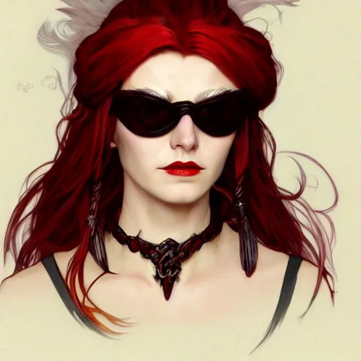 Prompt: DND character, portait of a woman with short!! red hair wearing white skull facepaint and sunglasses and a black cloak, video game art, trending on artstation, Gerald Brom, Alphonse Mucha