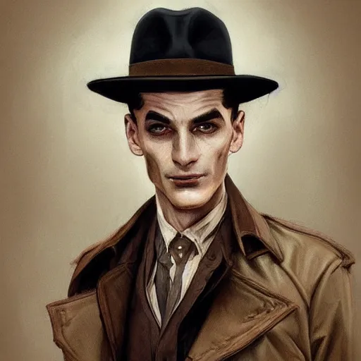 Image similar to dark fantasy character portrait of a handsome slick slim 1940s Investigator wearing a brown trenchcoat and fedora, dystopian mood, intricate, wild, highly detailed, digital painting, artstation, upper body, concept art, smooth, sharp focus, illustration, art by artgerm and greg rutkowski and alphonse mucha