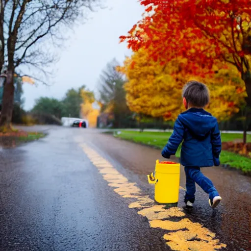 Prompt: anthropomorphic cute kitten wearing a yellow raincoat and yellow boots walking to the school bus on the first day of kindergarten, with colorful fall leaves and light rain, wide shot