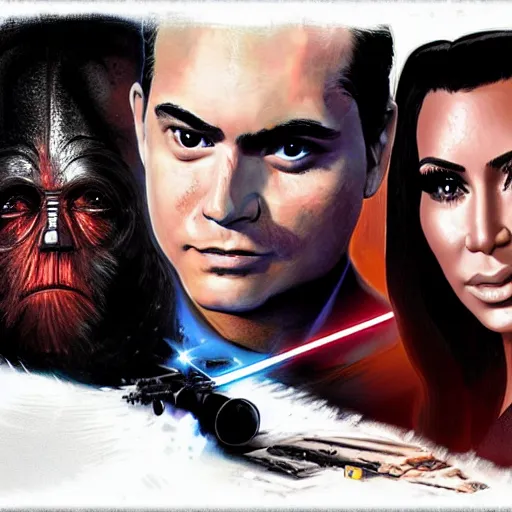 Image similar to super detailed star wars movie poster with ben shapiro, snooki and kim kardashian, 8k full HD photo, cinematic lighting, anatomically correct, oscar award winning, action filled, correct eye placement,