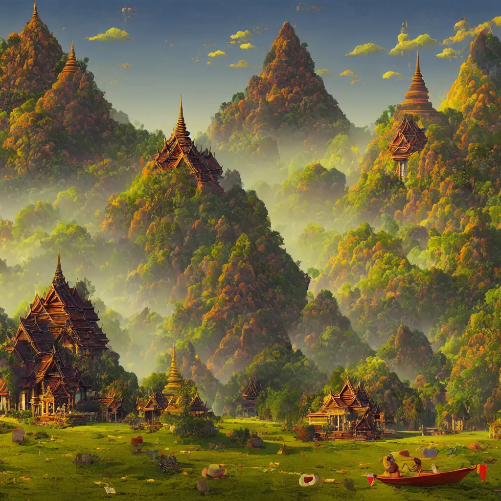 Prompt: summer morning, thai temple, rolling mountain, very coherent and colorful high contrast, art by gediminas pranckevicius, geof darrow, franz sedlacek, dark shadows, hard lighting