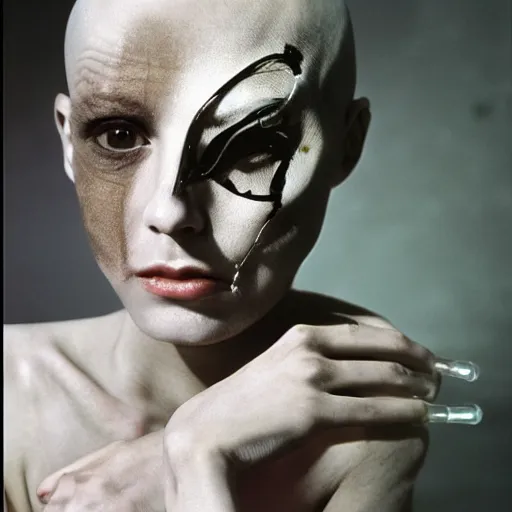 Image similar to portrait of eerily beautiful hairless avant-garde androgynous cyborg with shaved head and H.R. Giger clear tubes entering the side of her head and cheek, by Yoshitaka Amano