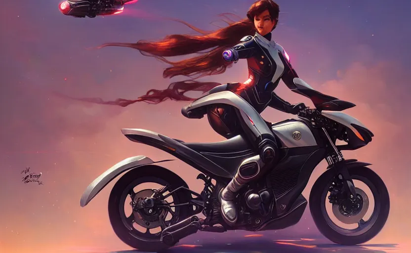 Image similar to Police female riding yamaha motorcycle, sci-fi, highly detailed, digital painting, artstation, concept art, smooth, sharp focus, illustration, art by artgerm and greg rutkowski and alphonse mucha