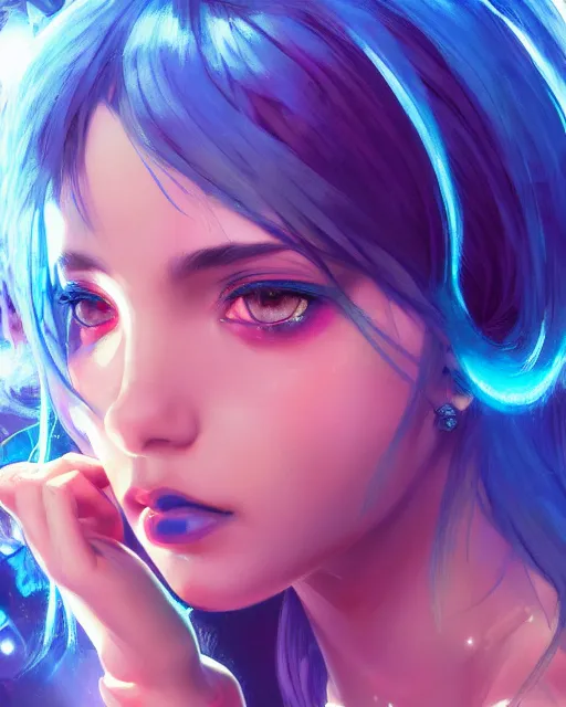 Image similar to stunningly beautiful female blue hair, dj girl, in a club, laser lights background, sharp focus, digital painting, 8 k, concept art, art by wlop, artgerm, greg rutkowski and alphonse mucha