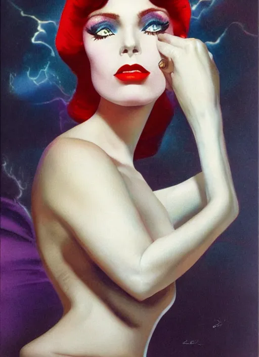 Image similar to an 8 0 s portrait of a woman with dark eye - shadow and red lips with dark slicked back hair dreaming acid - fueled hallucinations by serge lutens, rolf armstrong, delphin enjolras, peter elson